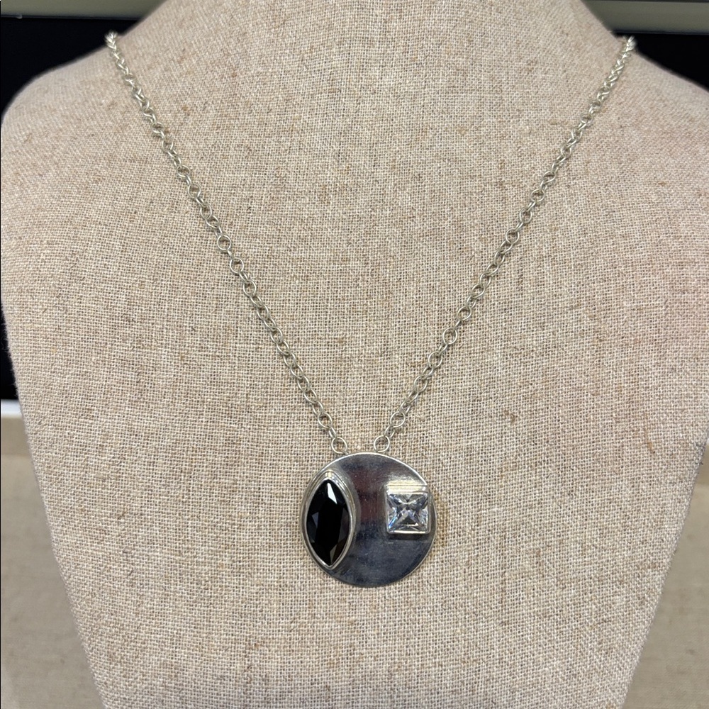 Black and clear rhinestone pendant and silver chain